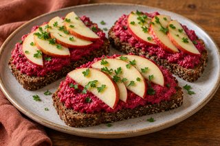 Fette di segale con crema rosa di barbabietola e ceci, mela dalla buccia rossa e prezzemolo