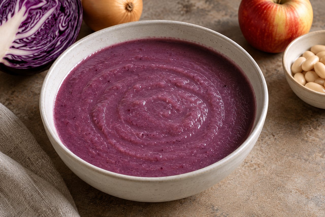 Zuppa viola finemente frullata di cavolo rosso e fagioli in una ciotola semplice senza guarnizioni