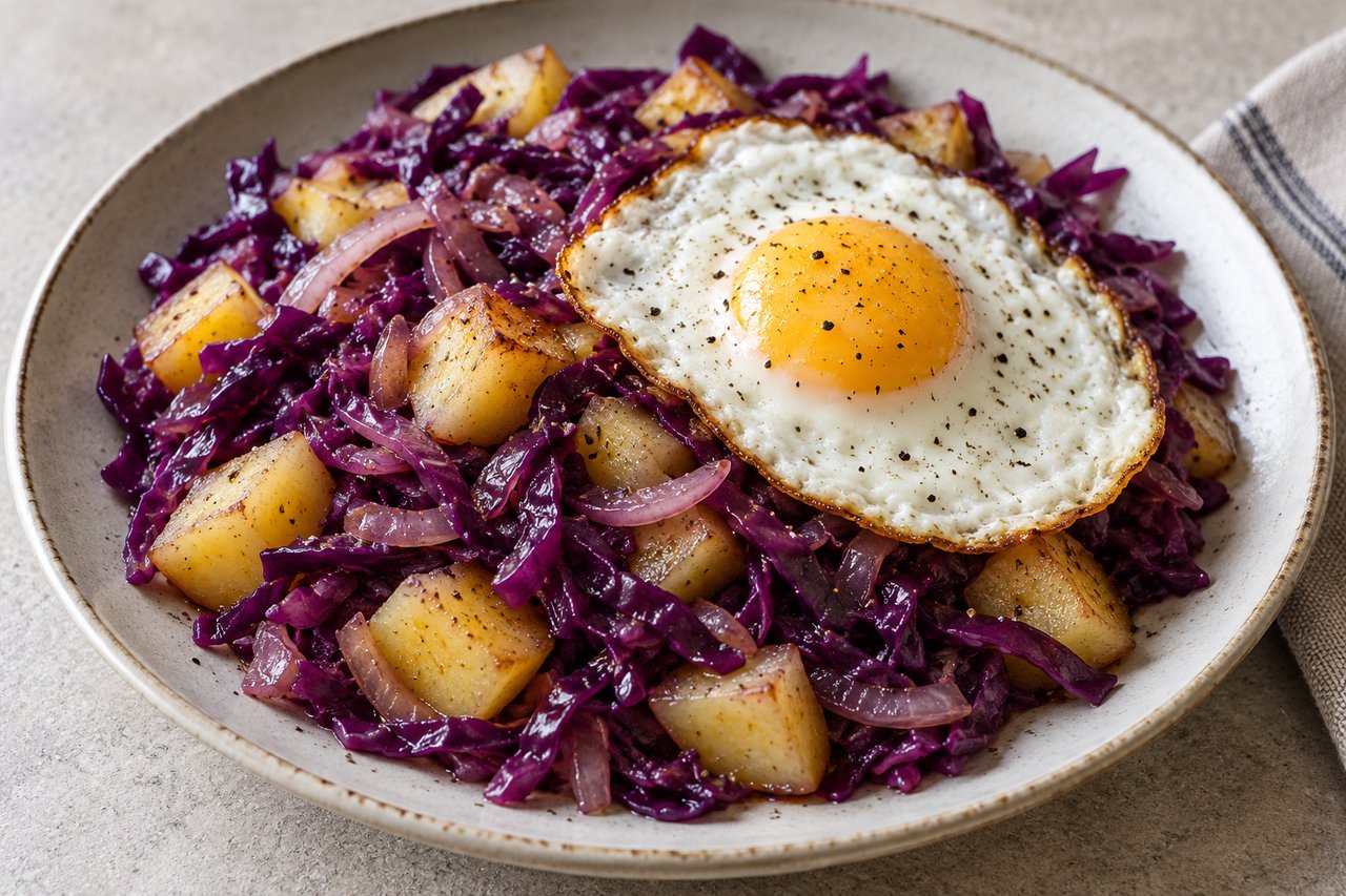 Chou violet, dés de pommes de terre dorés et œuf au plat au jaune ferme