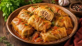 Russian Golubtsy with minced rice filling, tomato sauce, sour cream and fresh dill