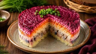 Russian herring in fur coat with layers of matjes, potatoes, carrots, egg, mayonnaise and beetroot