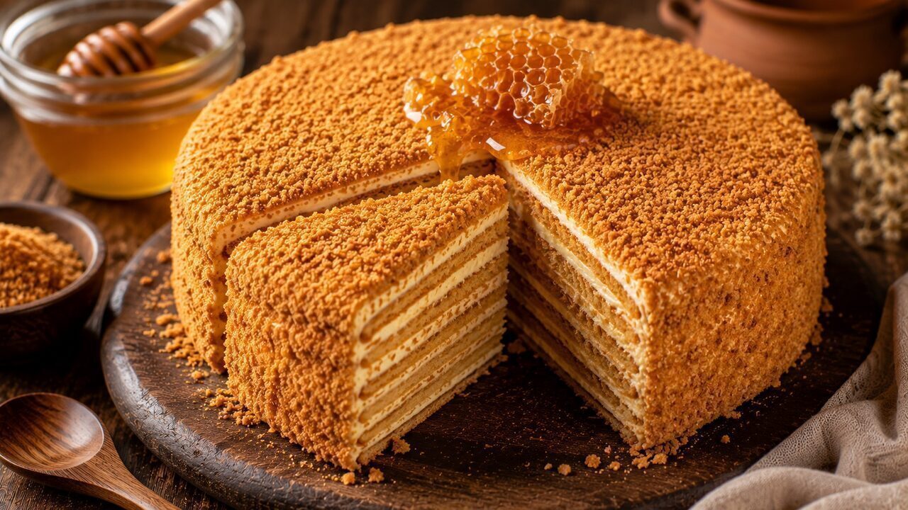 Russian medovik with eight honey bottoms, sour cream and fine cake crumbs