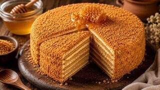 Russian medovik with eight honey bottoms, sour cream and fine cake crumbs