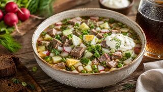 Cold Russian okroshka with kwas, potatoes, cucumber, radishes, egg, beef and dill