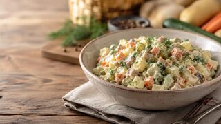 Olivier Salat mit Kartoffeln, Erbsen, Ei, Gewürzgurken und cremigem Dressing