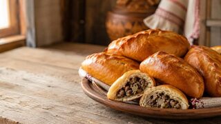 Goldbraune Piroggen mit Kartoffel-Pilz-Füllung und Schmand