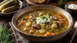 Russian rasolnik with beef, barley, potatoes, pickled cucumbers, sour cream and dill