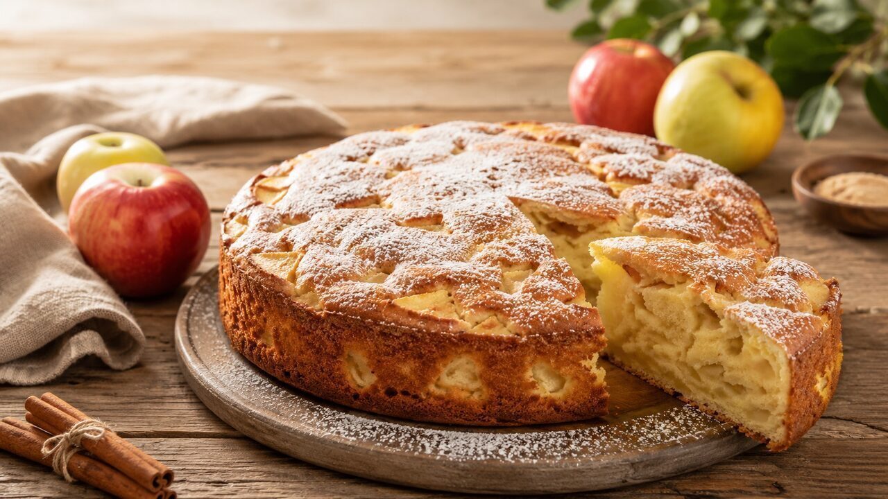 Russian Sharlotka with airy sponge cake, lots of apple pieces, cinnamon and a thin layer of icing sugar