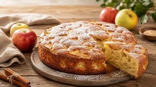 Russian Sharlotka with airy sponge cake, lots of apple pieces, cinnamon and a thin layer of icing sugar