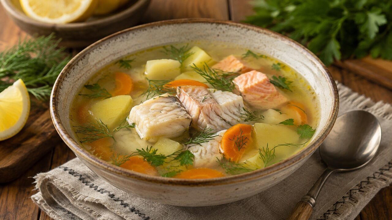 Clear Russian ukha with pike perch, salmon, potatoes, carrots, dill, parsley and lemon
