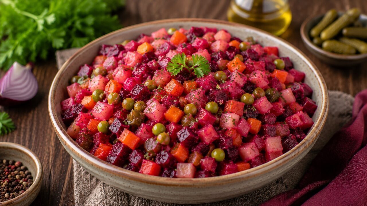 Russischer Vinegret-Salat mit Roter Bete, Kartoffeln, Karotten, Salzgurken, Sauerkraut, Erbsen und Dill