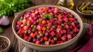 Russian Vinegret salad with beetroot, potatoes, carrots, pickled cucumbers, sauerkraut, peas and dill