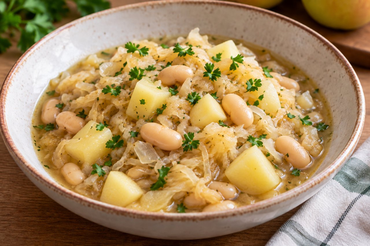Sauerkraut-Eintopf mit weißen Bohnen, Kartoffelwürfeln, kleinen Apfelstücken und Petersilie in einem tiefen Teller