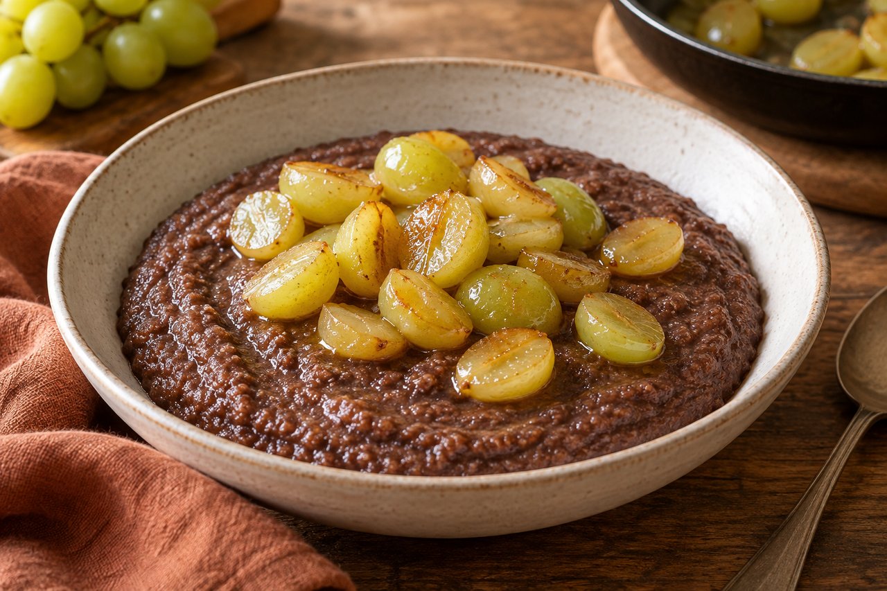 Dunkelbraune cremige Schoko-Polenta in einer Schale mit halbierten warmen hellen Trauben und wenig Fruchtsaft