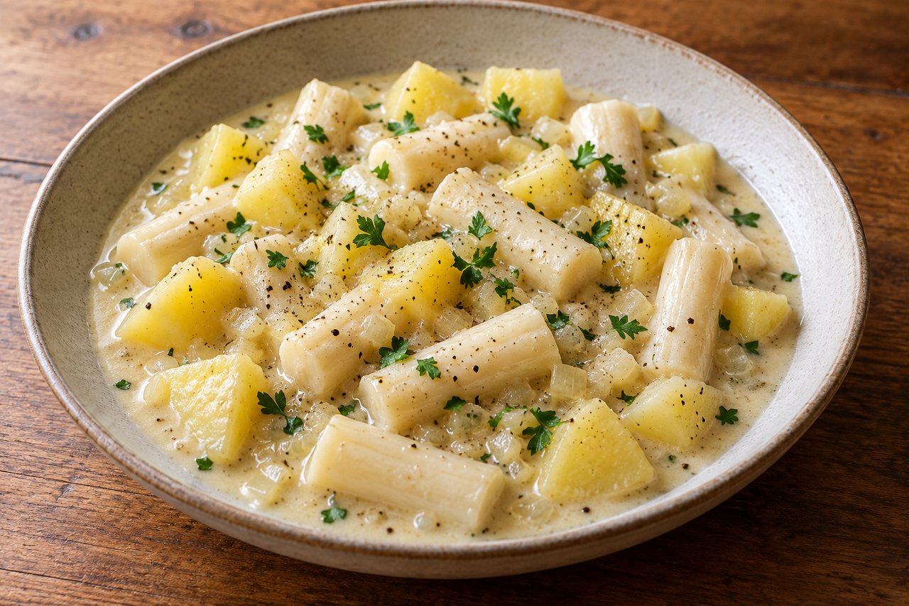 Pale salsify pieces and potato cubes in creamy mustard sauce with finely chopped parsley