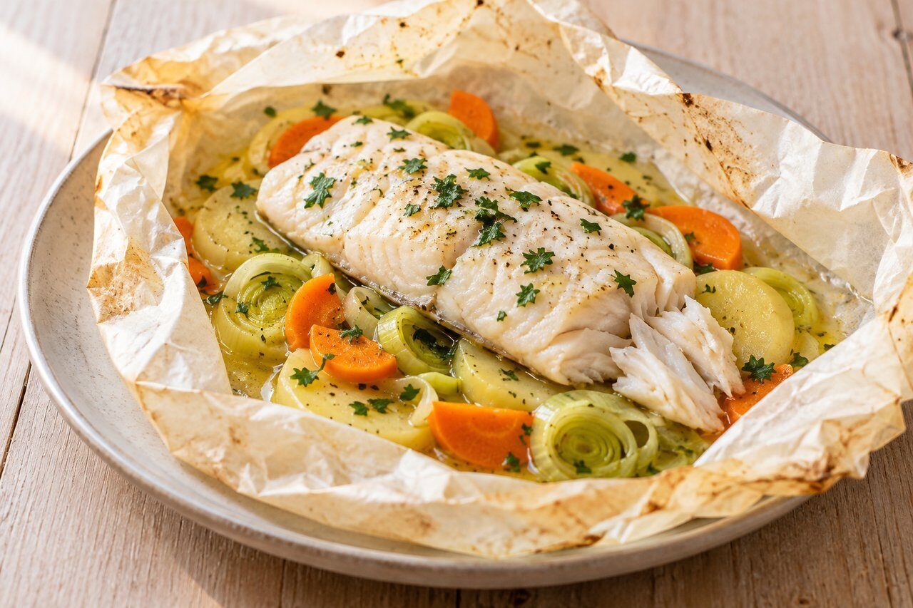 Geöffnetes Backpapierpäckchen mit gegartem weißem Fisch, Kartoffelscheiben, Lauch und Möhren