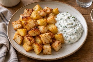 Cubetti dorati di sedano rapa e patate con quark bianco al prezzemolo