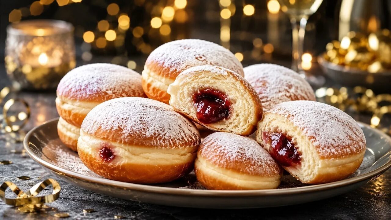 Berliner mit Marmelade als partytaugliches Silvesterrezept für Buffet, Gäste und Mitternachtssnack