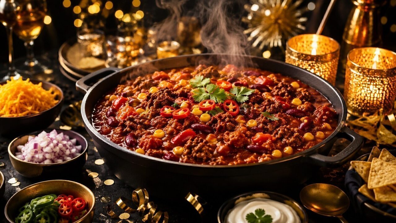 Chili con Carne für die Party als partytaugliches Silvesterrezept für Buffet, Gäste und Mitternachtssnack