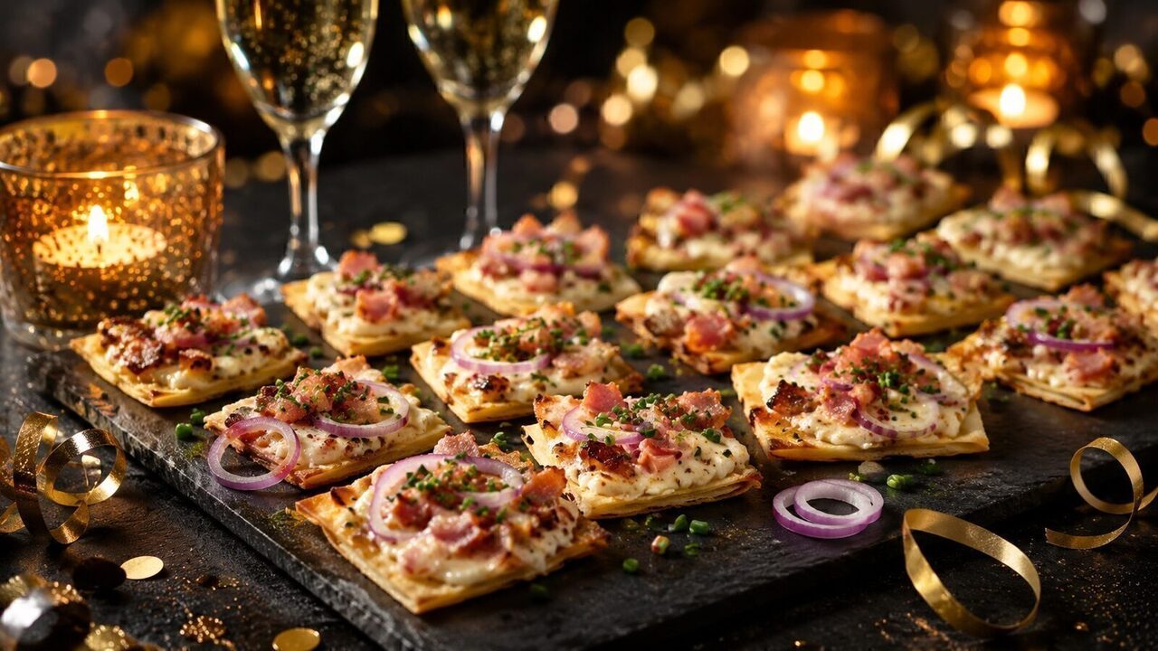 Flammkuchen-Häppchen als partytaugliches Silvesterrezept für Buffet, Gäste und Mitternachtssnack