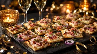 Flammkuchen-Häppchen als partytaugliches Silvesterrezept für Buffet, Gäste und Mitternachtssnack