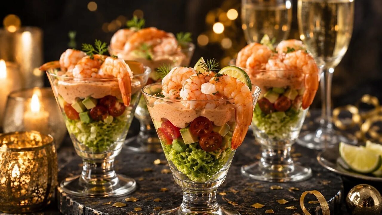 Garnelen-Cocktail im Glas als partytaugliches Silvesterrezept für Buffet, Gäste und Mitternachtssnack