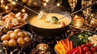Käsefondue mit Brot und Gemüse als partytaugliches Silvesterrezept für Buffet, Gäste und Mitternachtssnack