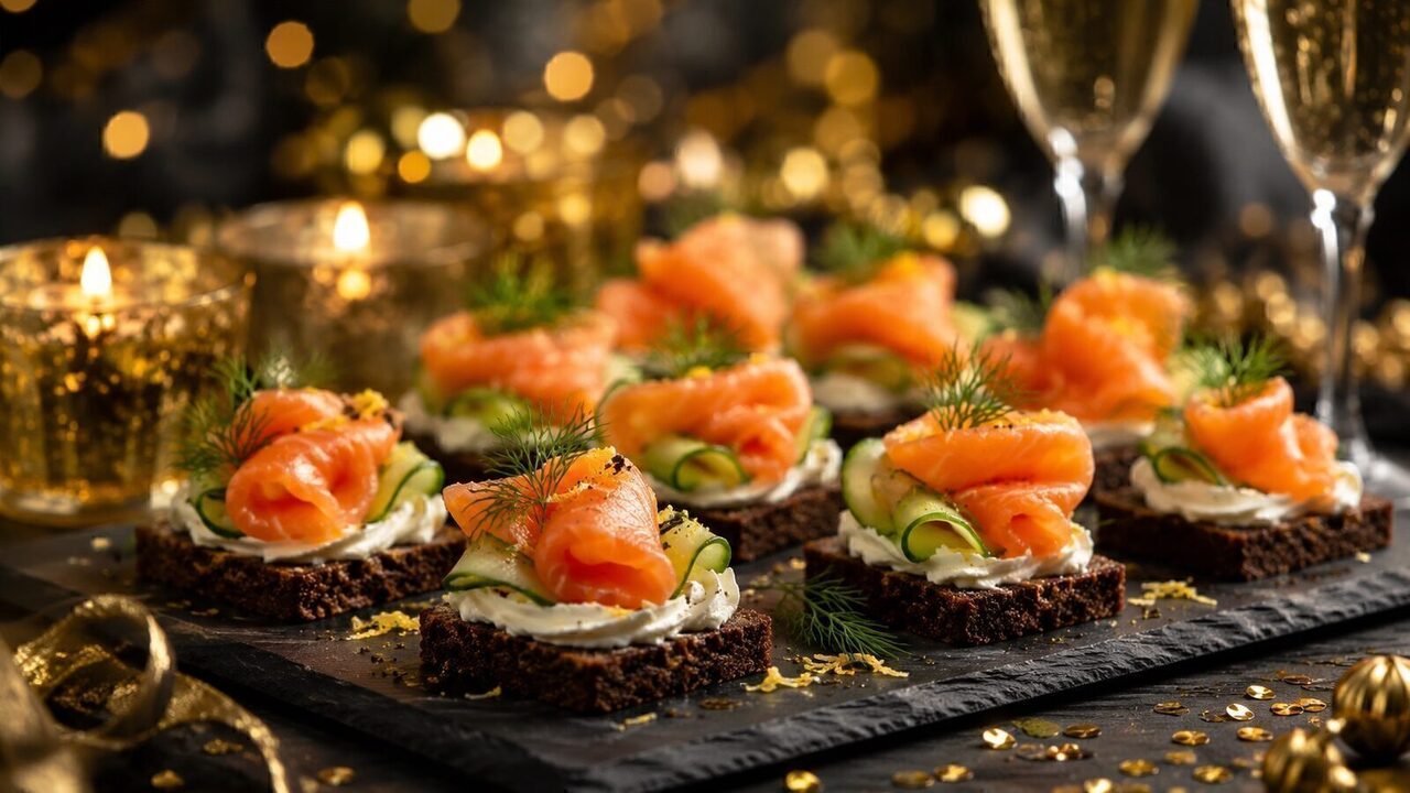 Lachs-Häppchen mit Frischkäse als partytaugliches Silvesterrezept für Buffet, Gäste und Mitternachtssnack