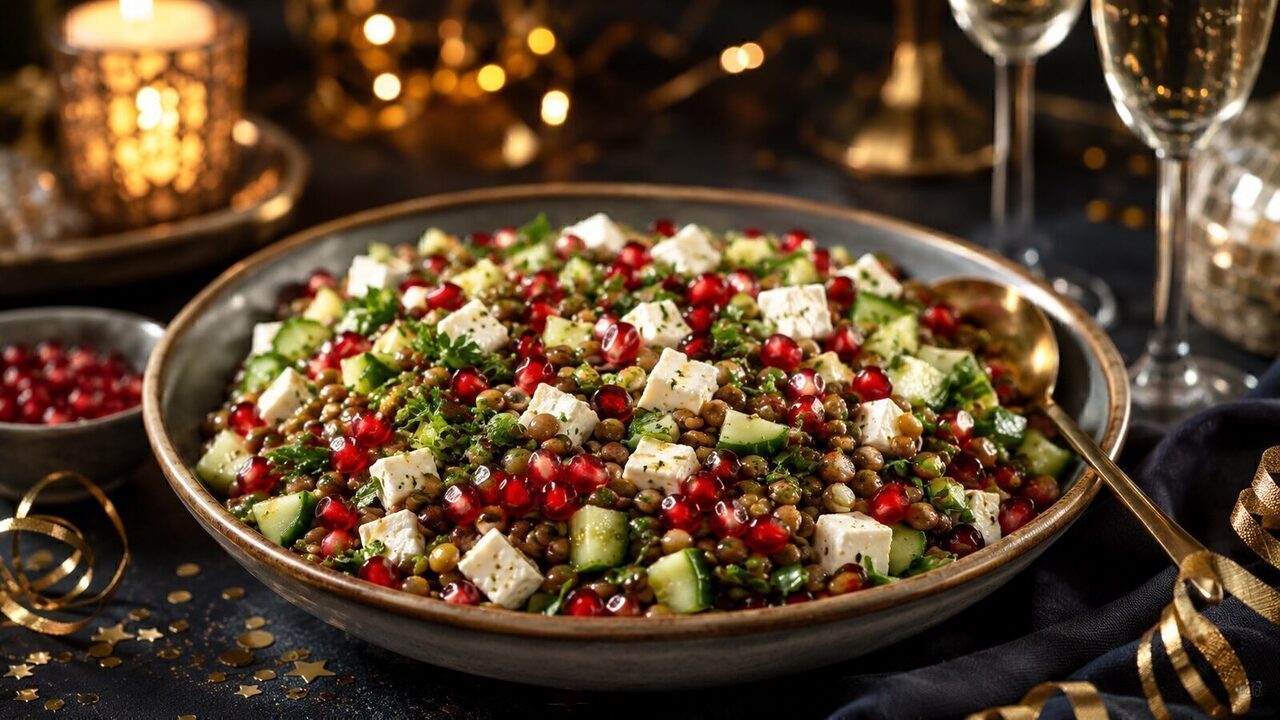 Linsensalat mit Feta und Granatapfel als partytaugliches Silvesterrezept für Buffet, Gäste und Mitternachtssnack