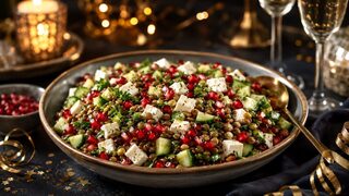 Linsensalat mit Feta und Granatapfel als partytaugliches Silvesterrezept für Buffet, Gäste und Mitternachtssnack