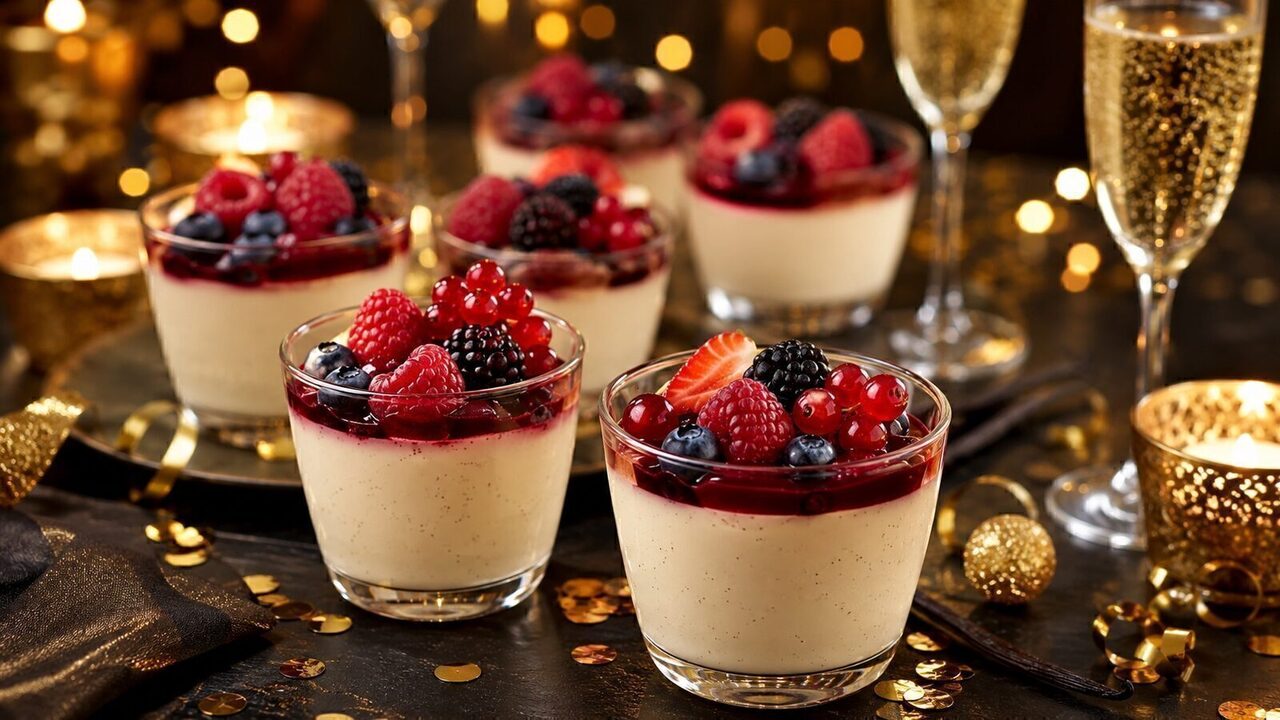 Panna Cotta mit Beeren als partytaugliches Silvesterrezept für Buffet, Gäste und Mitternachtssnack