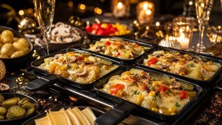 Raclette-Pfännchen mit Kartoffeln als partytaugliches Silvesterrezept für Buffet, Gäste und Mitternachtssnack