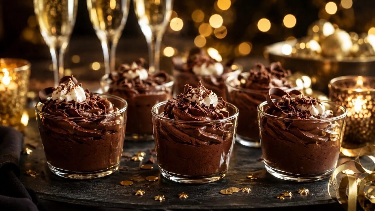 Schoko-Mousse im Glas als partytaugliches Silvesterrezept für Buffet, Gäste und Mitternachtssnack
