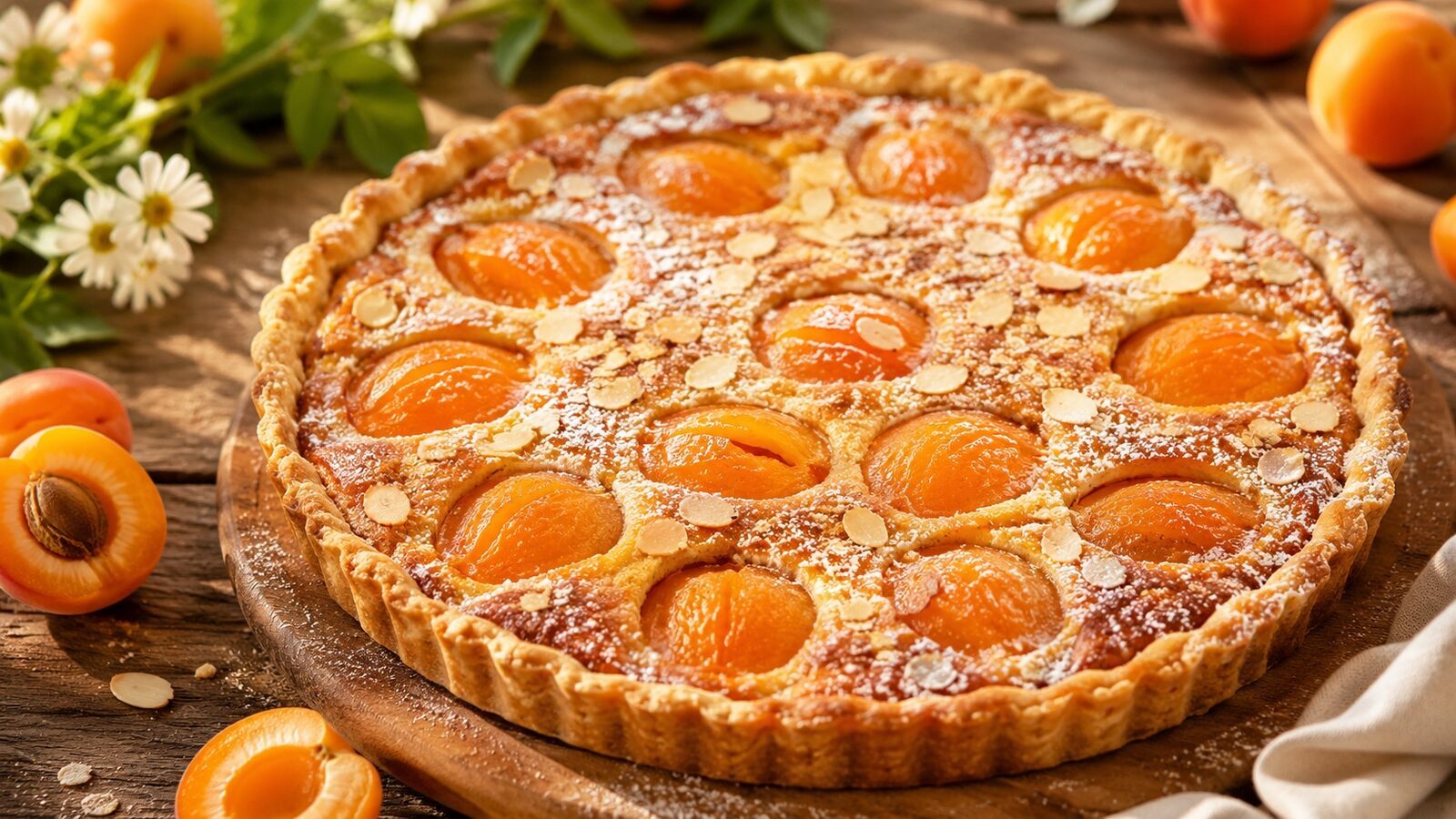 Aprikosen-Tarte mit Mandeln, goldbraunem Rand und Puderzucker