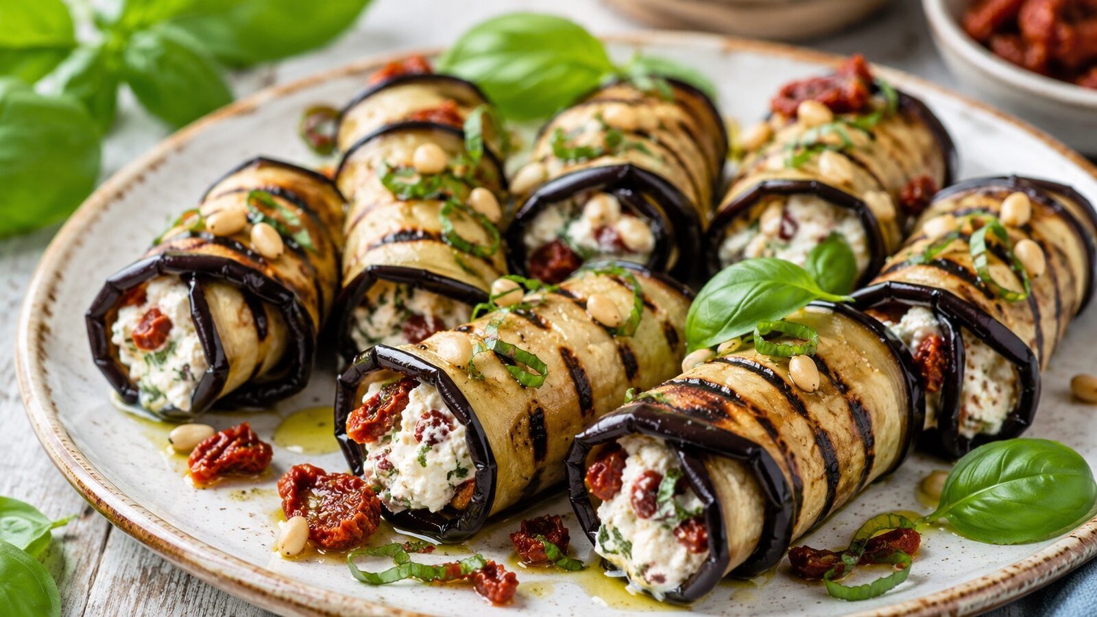 Auberginen-Röllchen vom Grill mit Ricotta, Kräutern und Tomaten