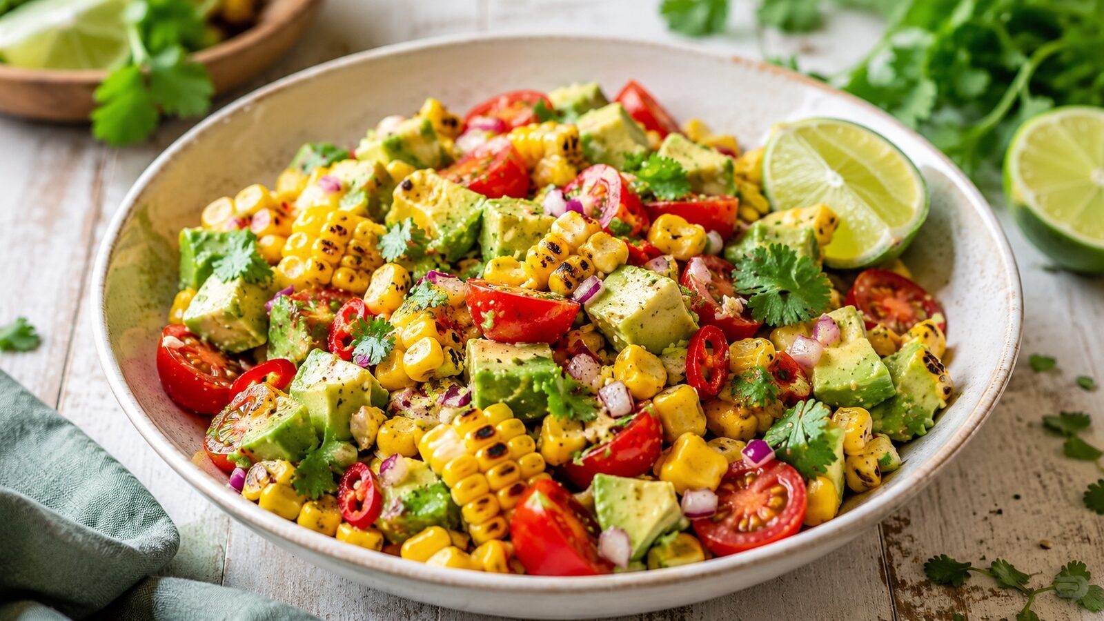 Avocado-Mais-Salat mit Limette, Tomaten, Chili und Kräutern