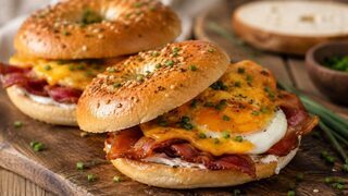 Gerösteter Bagel mit knusprigem Bacon, Spiegelei, Cheddar und Schnittlauch