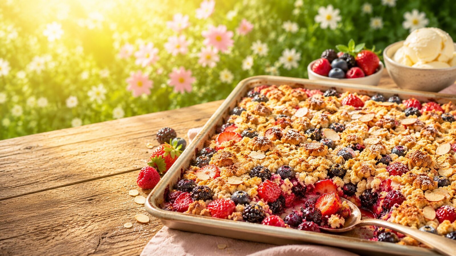Beeren-Crumble vom Blech als frisches Sommerrezept für warme Tage, Grillabende und leichte Küche