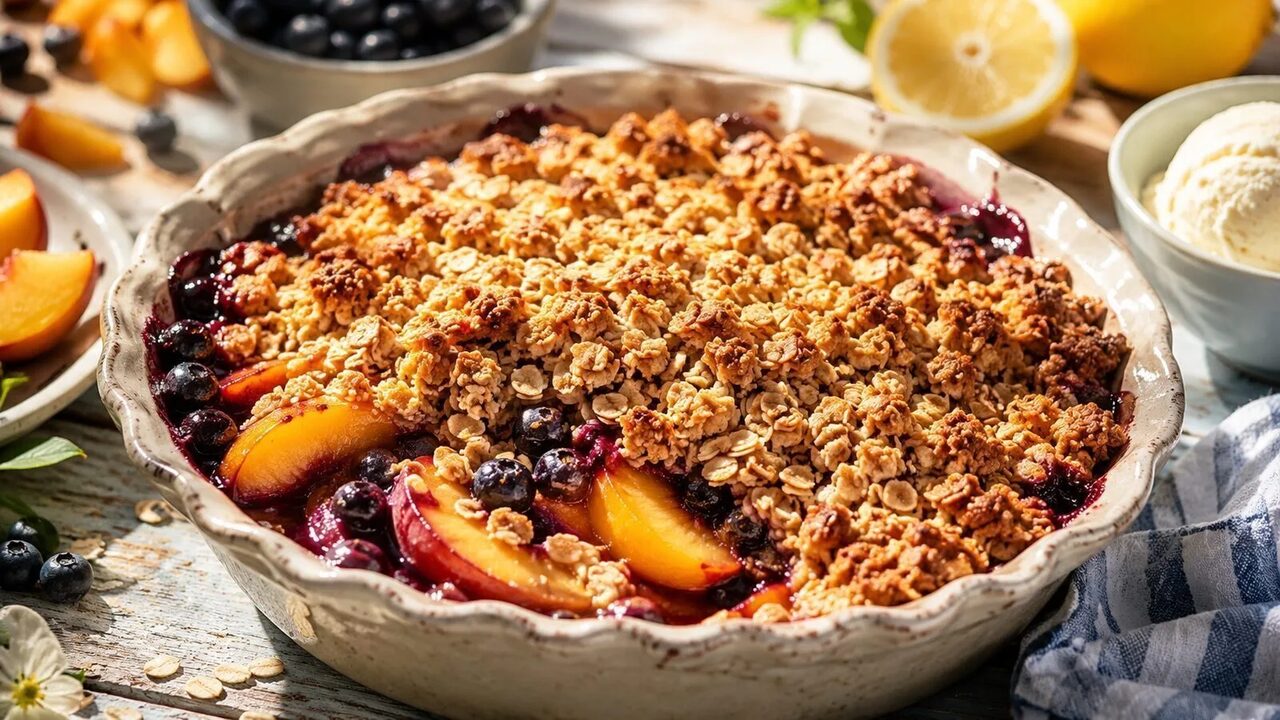 Blaubeer-Pfirsich-Crumble mit goldbraunen Haferstreuseln