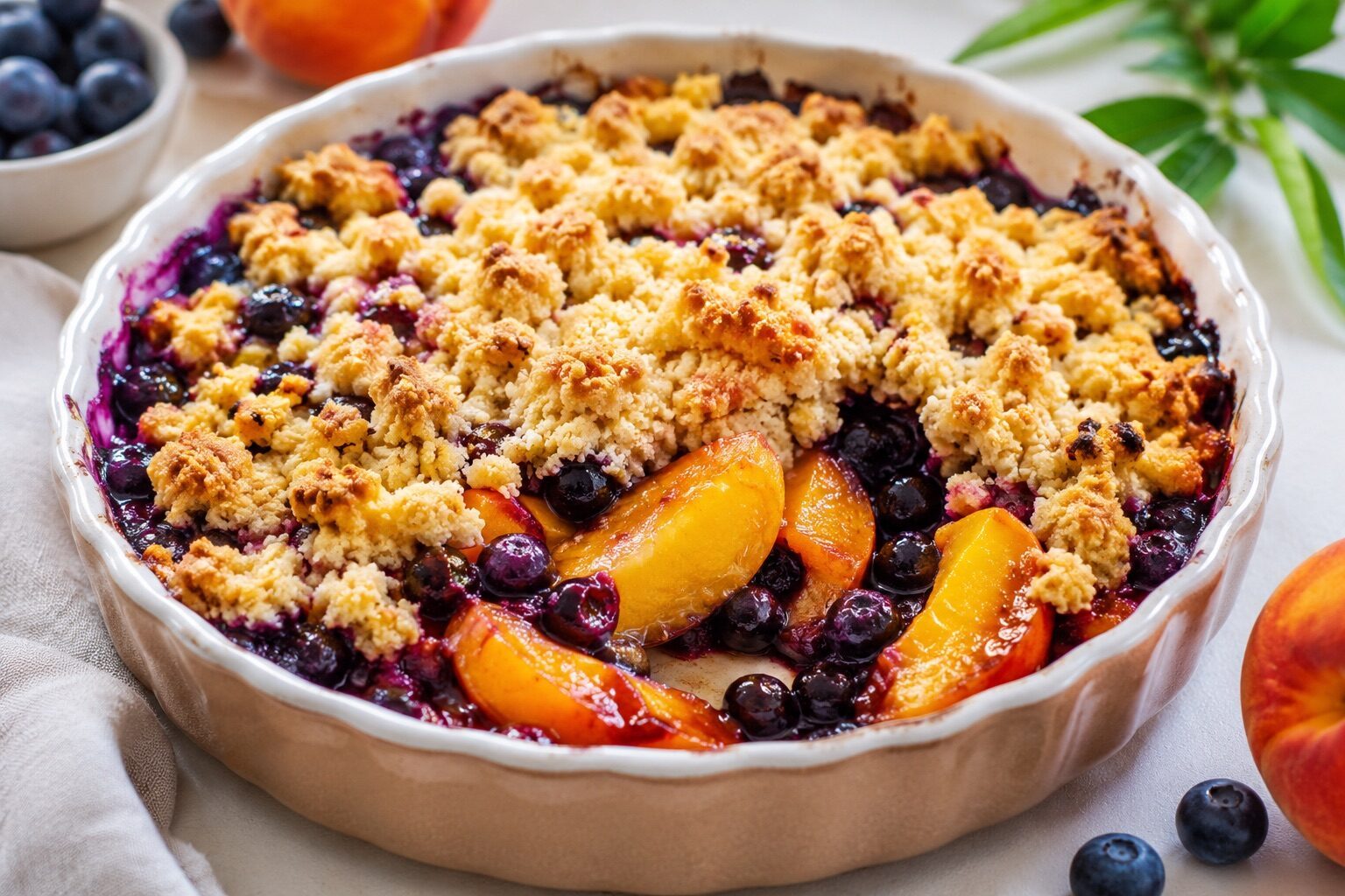 Blaubeer-Pfirsich-Crumble mit goldbraunen Haferstreuseln