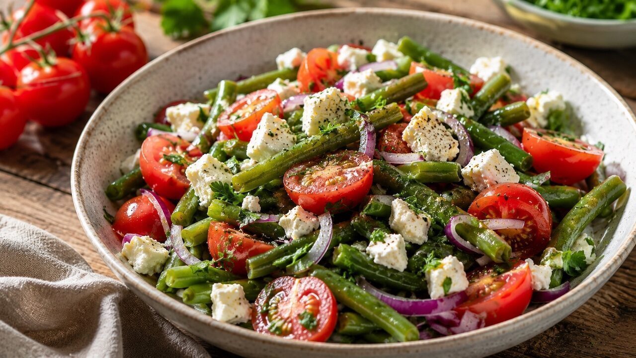 Bohnen-Tomaten-Salat mit Feta, roten Zwiebeln und Petersilie in einer Schüssel