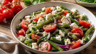 Bohnen-Tomaten-Salat mit Feta, roten Zwiebeln und Petersilie in einer Schüssel