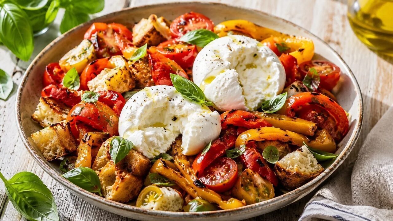 Burrata-Panzanella mit Tomaten, Grillpaprika, Basilikum und geröstetem Ciabatta