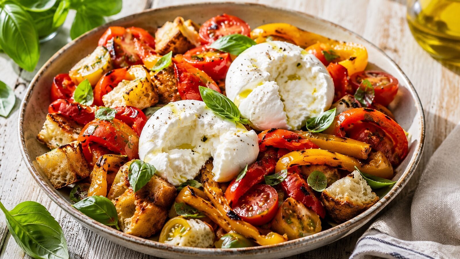 Burrata-Panzanella mit Grillpaprika, Tomaten, Basilikum und geröstetem Brot