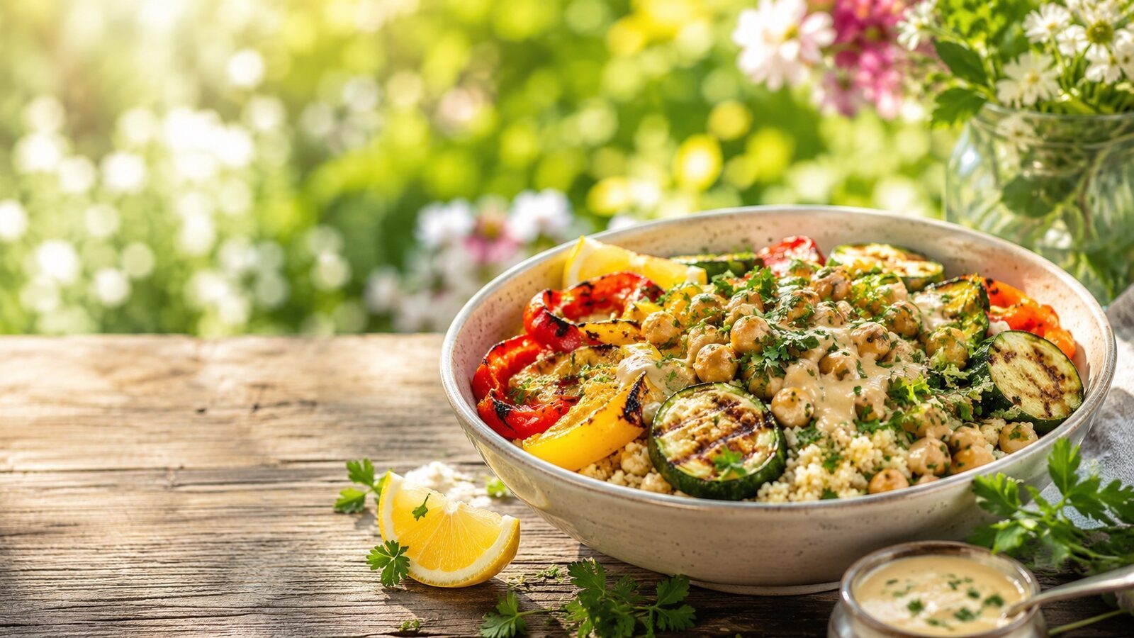 Couscous-Bowl mit Grillgemüse als frisches Sommerrezept für warme Tage, Grillabende und leichte Küche