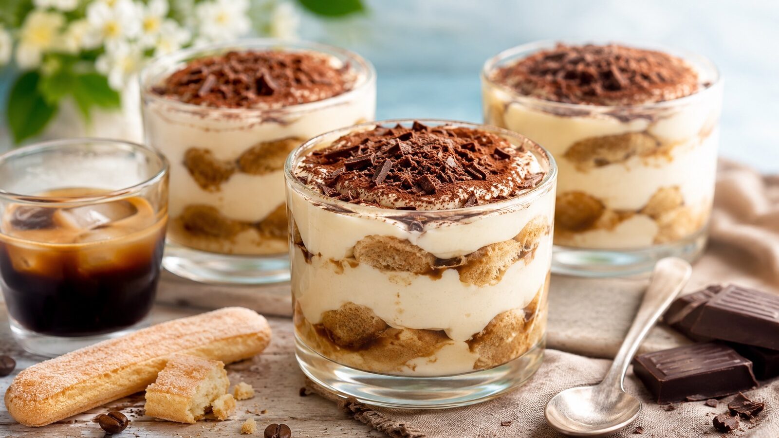 Eiskaffee-Dessert im Glas mit Kaffeecreme, Schokolade und Löffelbiskuits