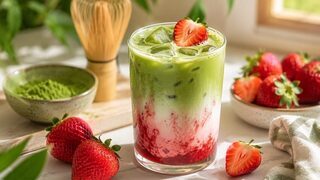 Erdbeer-Matcha-Latte mit rosa Erdbeerpüree, Milch, Eiswürfeln und grünem Matcha