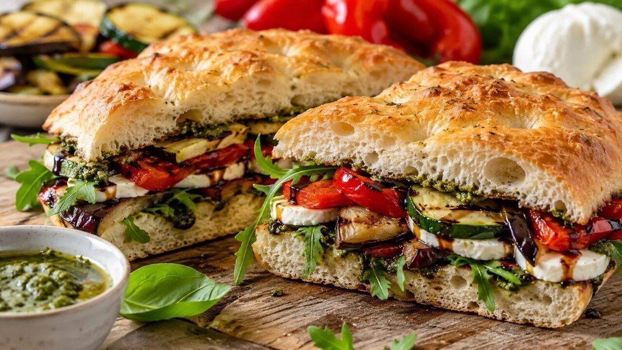 Focaccia-Sandwich mit Antipasti-Gemüse, Mozzarella, Rucola und Pesto
