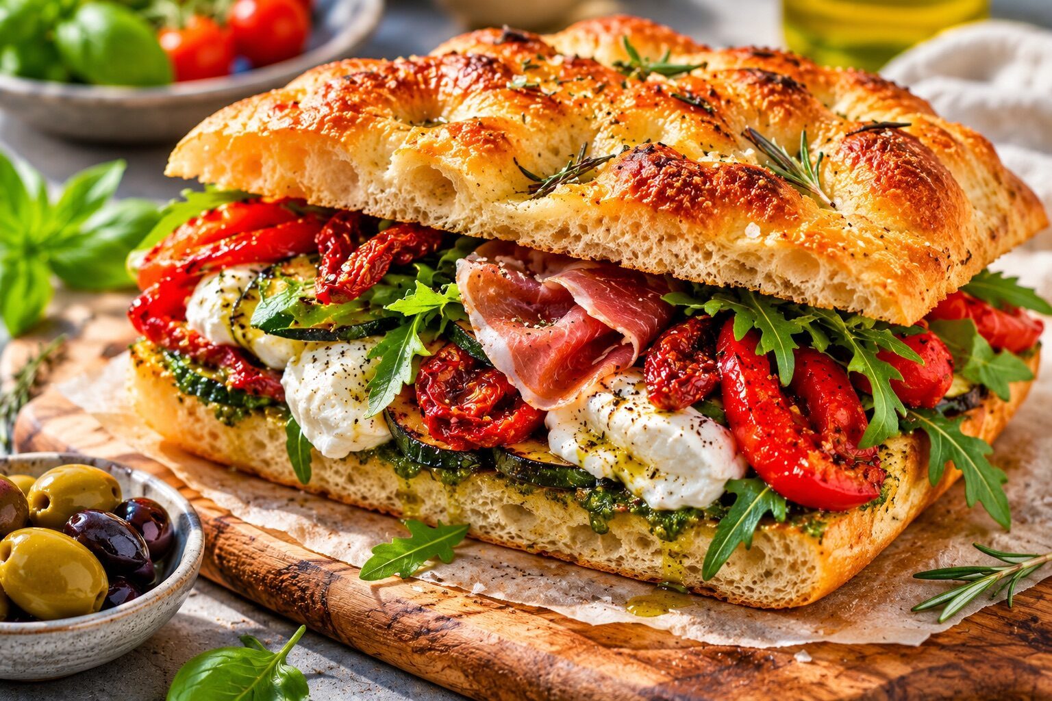 Focaccia-Sandwich mit Antipasti, Mozzarella, Rucola und Pesto