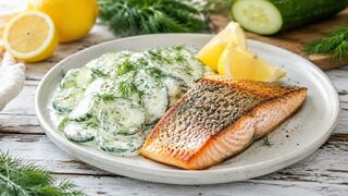 Gebratenes Forellenfilet mit Gurken-Dill-Salat und Zitronenspalten